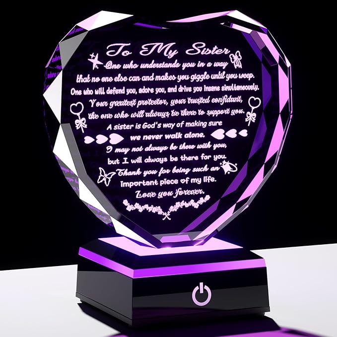 Arikyrist Gifts for Sister Mothers Day Sister Birthday Gifts Crystal Heart Keepsake with LED Light Base Sisters Gifts from Sister Brother for Christmas