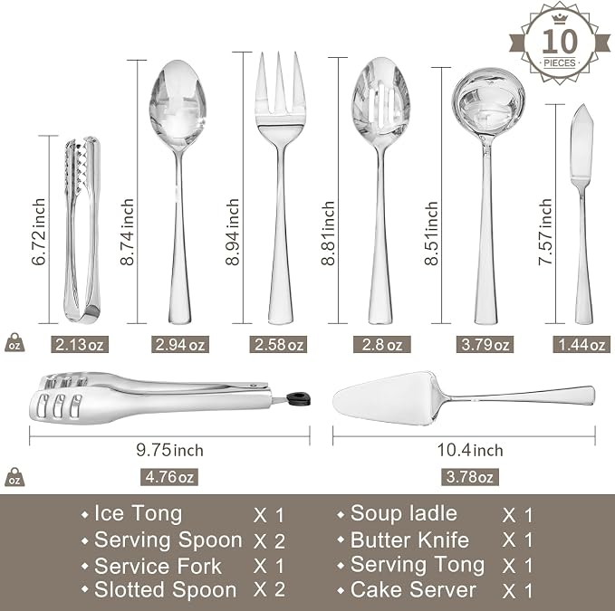 10 Piece 18/10 Serving Utensils Set, Stainless Steel Serving Set | Slotted Spoon, Fork, Tong, Soup Ladle, Cake Server, Butter Knife and Ice Tong for Buffet, Parties, Kitchen,Entertaining
