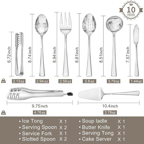 10 Piece 18/10 Serving Utensils Set, Stainless Steel Serving Set | Slotted Spoon, Fork, Tong, Soup Ladle, Cake Server, Butter Knife and Ice Tong for Buffet, Parties, Kitchen,Entertaining
