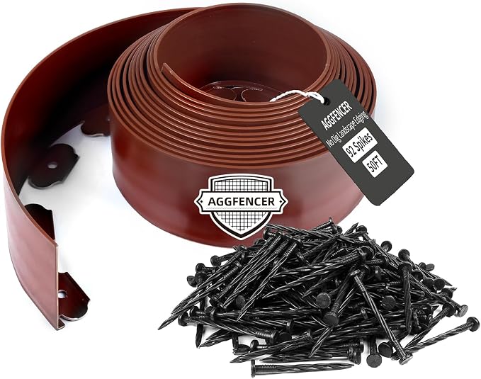 AggFencer Landscape Edging 4in Garden Edging Borders No Dig 50ft | Flexible Landscaping Edging Kit for Flower Bed Lawn Yard Grass Brown with 92 Pcs Spikes