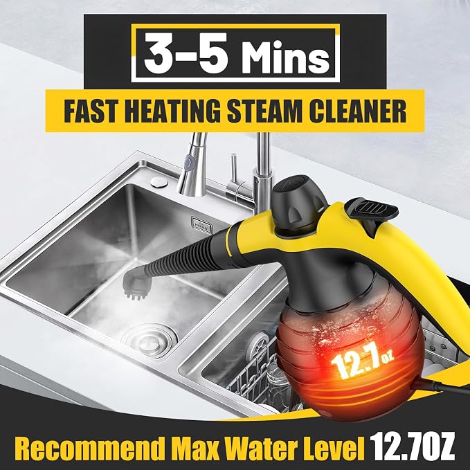 Pressurized Handheld Steam Cleaner with 10pcs Accessories & Safety Lock, Multi-Purpose & Powerful Home Use Steamer for Cleaning, Car, Bathroom, Shower, Upholstery, Grout, Window (Black)
