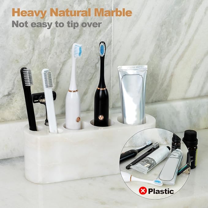 BCS Toothbrush Holder for Bathrooms, 6 Slots Marble Toothbrush and Toothpaste Holder Stand Bathroom Organizer Countertop for Electric Toothbrush, Floss, Razor, Comb - Karibib Ice