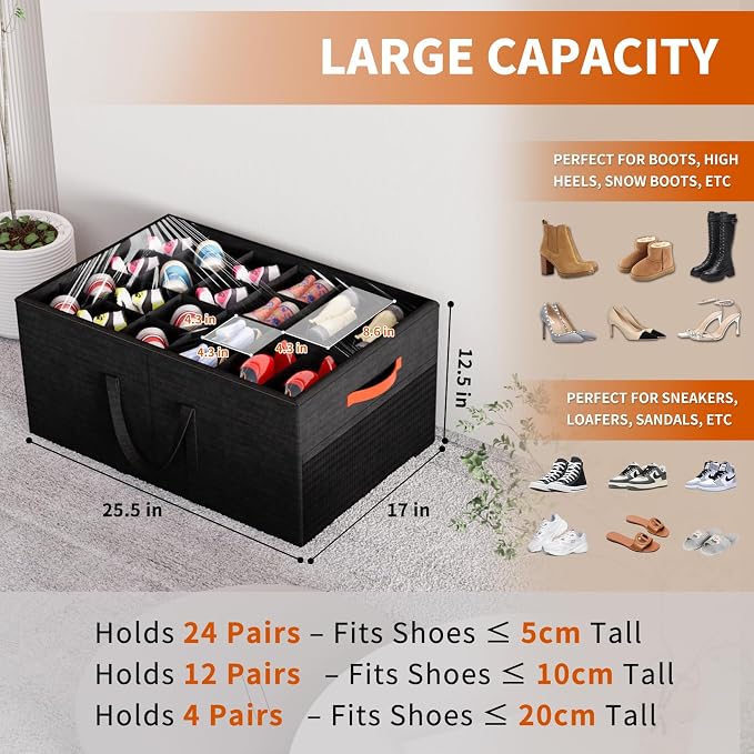 Aokeyee 2 Pack Shoe Organizer for Closet, Large Shoe Storage Box, Black | Fits up to 48 Pairs, Stackable, Space Saving, Foldable, Shoes Organizer Bin with Clear Cover, 4 Reinforced Handles