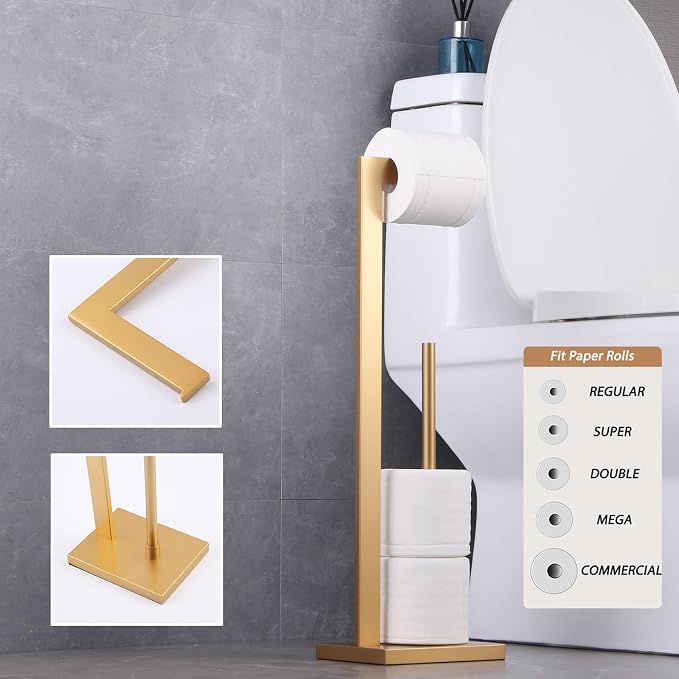 GERZWY Gold Toilet Paper Holder Free Standing with Reserve Stainless Steel Tissue Roll Holder Floor Stand Storage DZY004-BE