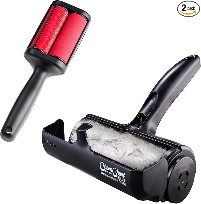 Chom Chom Roller Pet Hair Remover and Reusable Lint Roller, Black ChomChom Roller + Mini Roller, Cat and Dog Fur Hair Remover for Furniture, Couch, Carpet, Clothing and Bedding, Portable for Travel