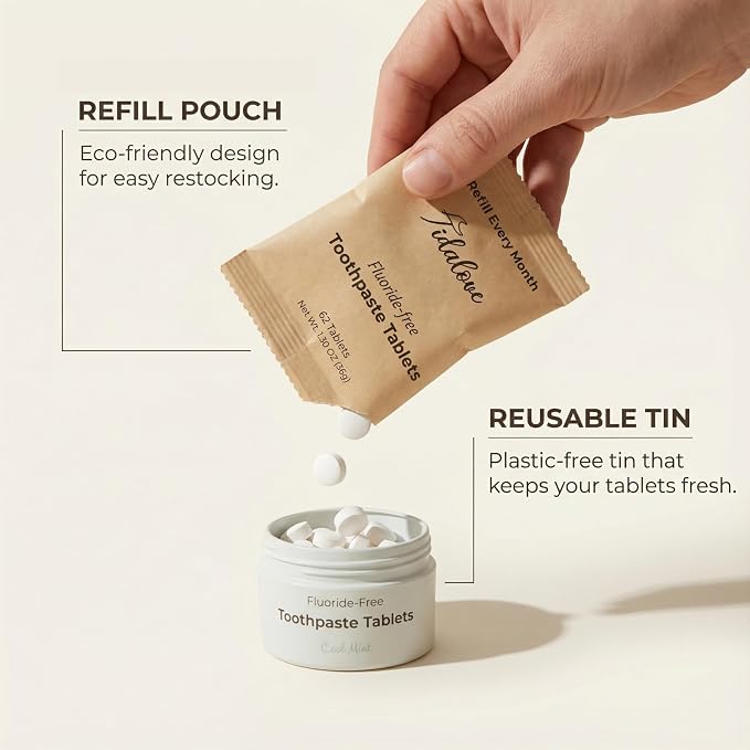 Cinnamon Fluoride Toothpaste Tablets, Reusable Tin 62 ct | Non-mint flavor with nHAp. Vegan, plastic-free starter set. Refillable tin, waterless & TSA-friendly for travel.