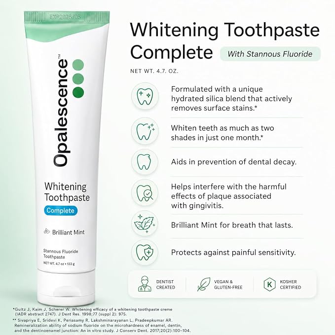 Opalescence Toothpaste Complete 4 in 1 Stannous Fluoride (6 Pack) 6365-6 | Whitening, Gum Health, Helps Prevent Gingivitis, Reduces Sensitivity, Anticavity, Dentist-Developed, Mint, 4.7oz by Ultradent