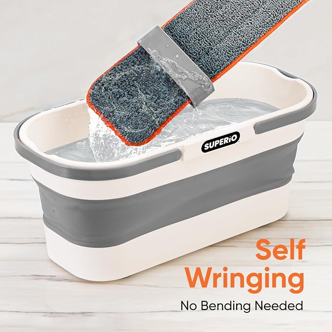 Superio Fold N' Go 10L Collapsible Mop Bucket with Wheels, Self-Wringing Microfiber Flat Mop & 8"x4.5" Reusable Pad - Portable, Hands-Free Cleaning Set for Home & Outdoor Use