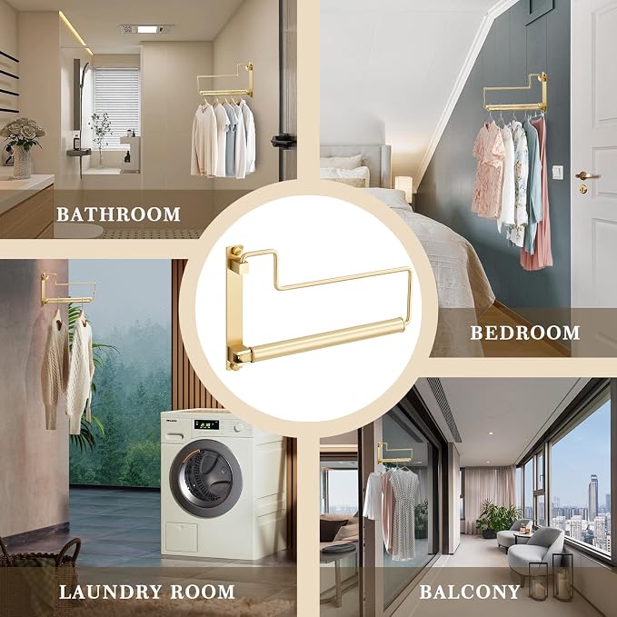 Clothes Hanger Gold Brushed Folding Clothes Drying Rack Wall-Mounted Clothes Organizer for Laundry Room Closet