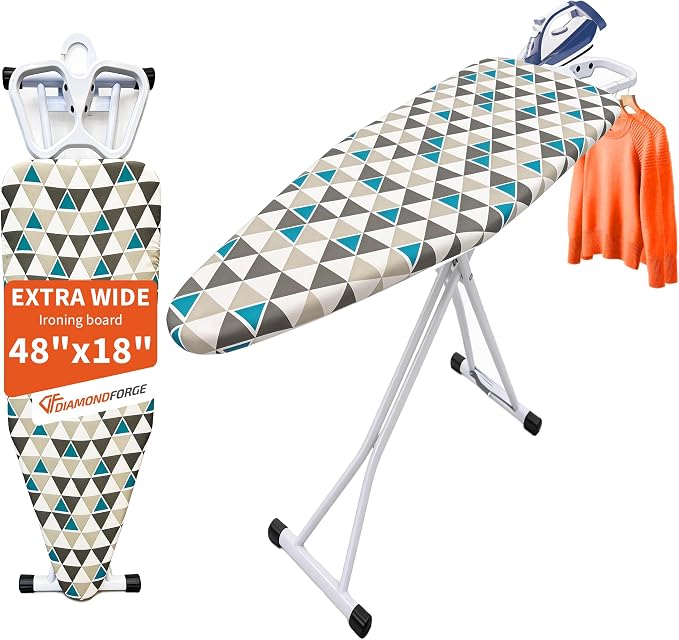Ironing Board, 48"×18" with Iron Rest, 7 Adjustable Height 4 Layer & Sturdy | Extra Large Iron Board with Bulit-in Hook, Heat Resistant Cover and Pad for Home Apartment Dorm Laundry Room, Gray Green