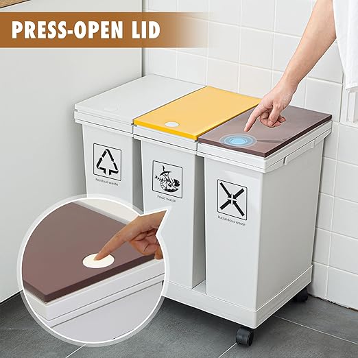 20L x 3 Compartment Trash Can with Wheels, 16 Gallon Recycling Bin and Rolling Garbage Can for Kitchen, Mobile Waste Separation System with Press-Open Lids & Detachable Containers for Home & Office