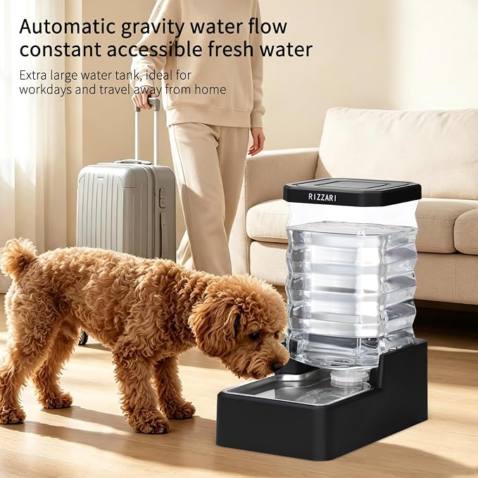 RIZZARI 8L Gravity Dog Water Dispenser:Easy Care No Filter Design | Low Maintenance Design/Gravity Water Flow /Easy Refill/Stainless Steel Drinking Bowl/Indoor Home Use