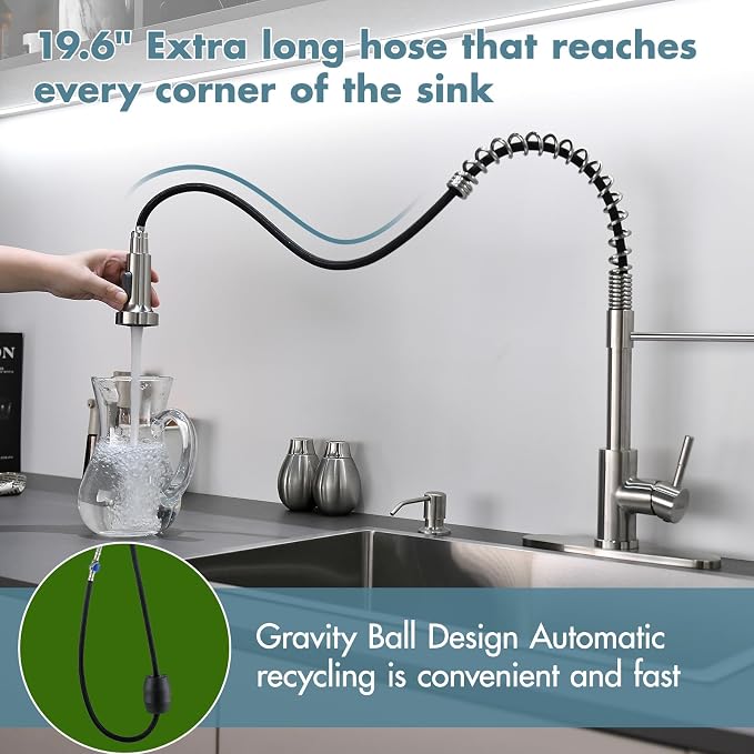 GIMILI Kitchen Faucet with Soap Dispenser, Commercial Single Handle Spring Brushed Nickel Pull Out Kitchen Sink Faucets with Pull Down Sprayer