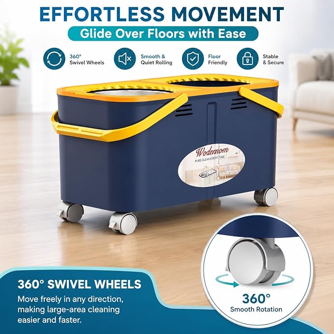 Compact Spin Mop and Bucket with Clean & Dirty Water System, Floor Mop with 360° Swivel Wheels, 61" Handle, 6 Reusable Mop Heads for for Wood, Tile, Vinyl, Baseboards- Blue/Yellow