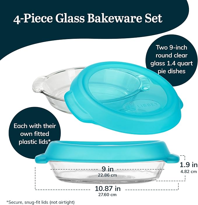 Libbey Baker’s Premium 2 Piece Glass Pie Plate, Stackable, Space Saving Casserole Dish Set with Lids, Glass Baking Dish Set for Fruit Pies, Quiches