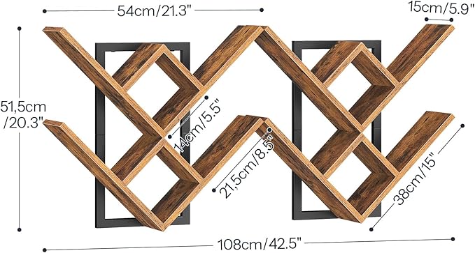HOOBRO Floating Shelves for Wall, Set of 2 Wall Mounted Shelves, 2-Tier Wooden Tree Bookshelf, Hanging Shelves Storage Rack, for Living Room, Kitchen, Office, Rustic Brown and Black BF54BJP201
