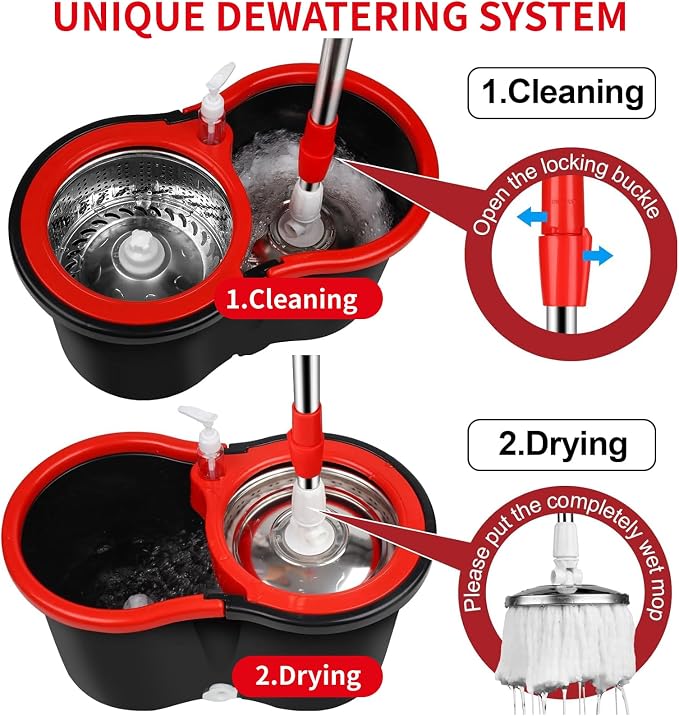 Operable 360 ° Rotating Mop Bucket Set,Mop and Bucket with Wringer Set,with 3 Microfiber Replacement Head,Stainless Steel Mop Bucket 61 Inch Adjustable Handle Household Cleaning Tools（2 Sets