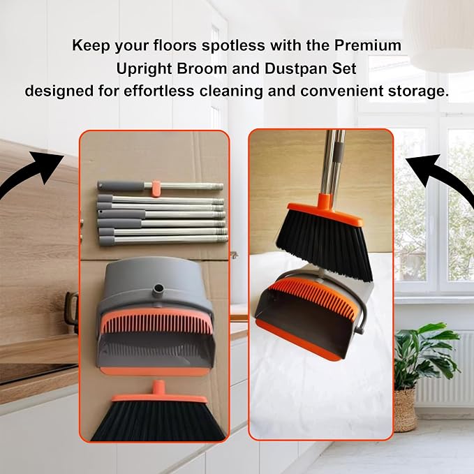DUST PAN Adjustable Handle Length 90–125cm Broom and 80–110cm Dustpan – Durable PP+PET+Stainless Steel Build – Black & Green Color – Home, Office, Kitchen & Easy Floor Cleaning
