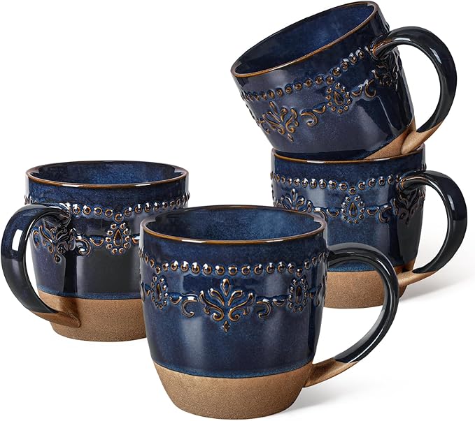 Artena Ceramic Coffee Mugs Set of 4, 16oz Embossed Large Latte Mugs Coffee Cups with Handle for Tea, Latte, Cappuccino & Cocoa, Milk Dishwasher & Microwave Safe, Blue (Damask Floral)
