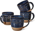 Artena Ceramic Coffee Mugs Set of 4, 16oz Embossed Large Latte Mugs Coffee Cups with Handle for Tea, Latte, Cappuccino & Cocoa, Milk Dishwasher & Microwave Safe, Blue (Damask Floral)