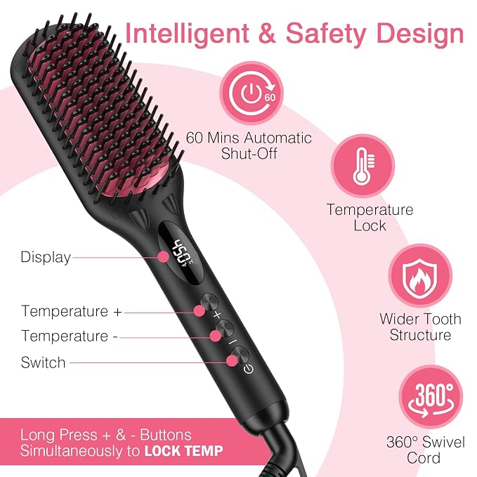 Enhanced Ceramic Hair Straightener Brush by MiroPure, 2-in-1 Ionic Straightening Brush with Anti-Scald Feature, Auto Temperature Lock & Auto-Off Function (Black)