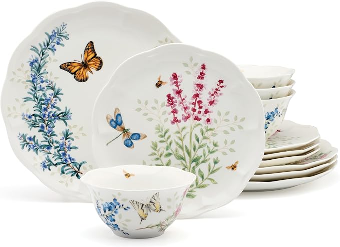 Lenox Butterfly Meadow Herbs Porcelain 12-Piece Dinnerware Set for 4 | ceramic, dishwasher safe, microwave safe | plates and bowls sets for kitchen and dining, dish set, dishes