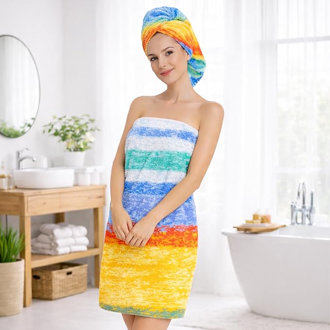 SEMAXE Bath Towel Set, 12 Piece Cotton Towel Set for Bathroom, More Towels for Family Use, Quick Dry with Hanging Loops, Easy Care, Colorful Striped