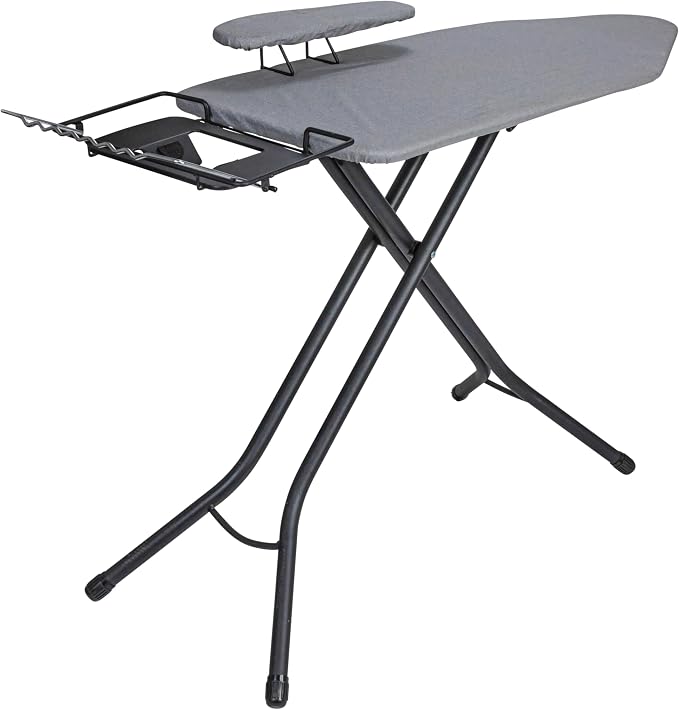 Household Essentials Wide Mega Ironing Board 4-Leg, Steel Top Pressing Station, Matte Black Frame, Grey Cover