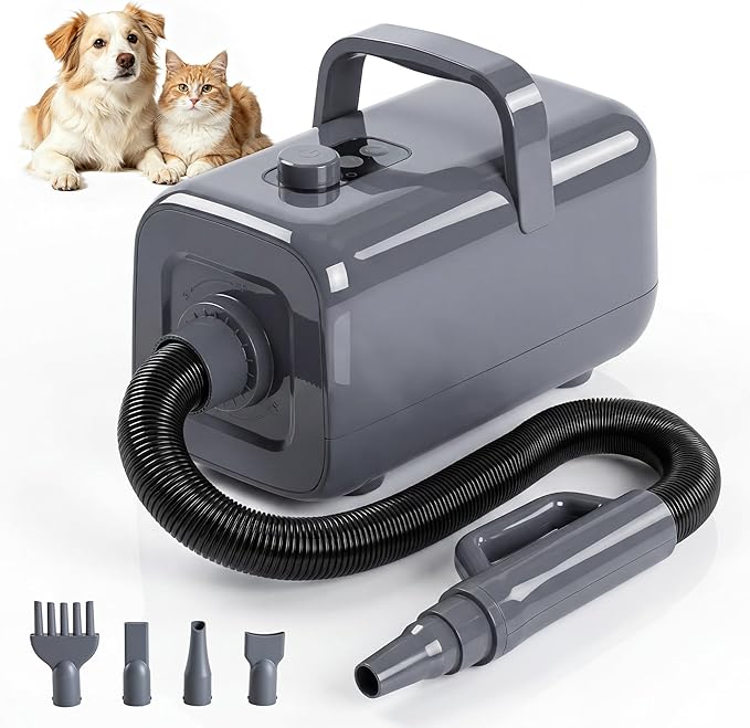 NEWBULIG Dog Hair Dryer, 1550W High Velocity Pet Blow Dryer with Heater for Grooming, Speed Temperature Adjustable Dog Blower Grooming with 4 Nozzles, Grey