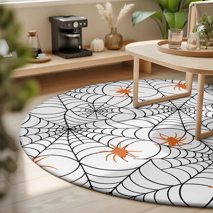 Round Area Rug 3', Halloween Washable Small Area Rugs for Kitchen Bathroom Bedroom Office Laundry, Black Net Classic Spiders Gingham Orange Non Slip Door Mat Indoor Entrance Floor Throw Circle Carpet
