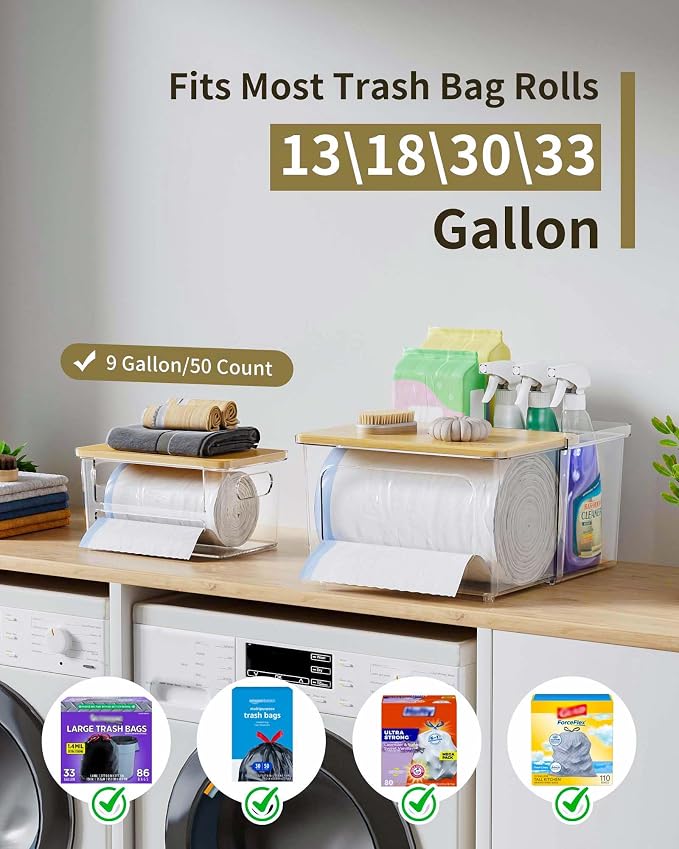 iCASA 3 in 1 Trash Bag Dispenser Under Sink Kitchen Garbage Bags Organizer | Trash Bag Holder with Bamboo Lid, Holds up to 100 Count, 13/30/33 Gallon Bag Roll, Pantry, Laundry Room Storage Organization