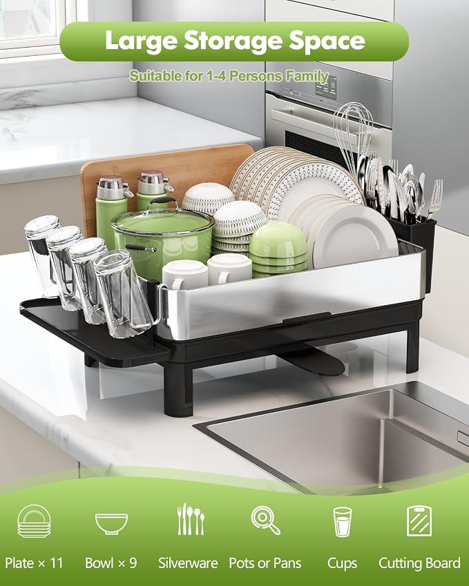 1 Tier Large Stainless Steel Dish Drying Rack with Drain Board | Space Saving, Rust Proof Metal, Automatic Drainage Drainer for Kitchen Counter, Modern Black and Silver for Pots and Pans