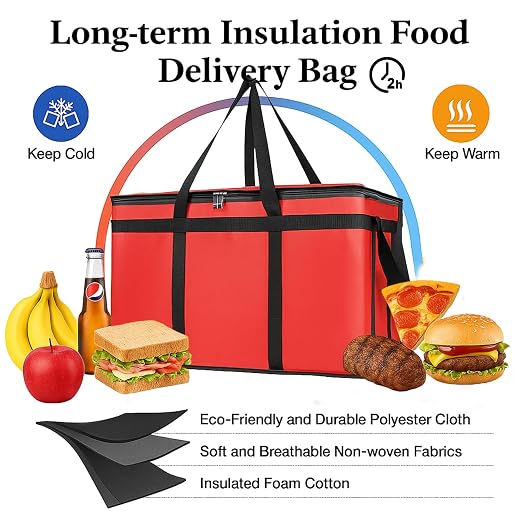 Bodaon 3 Pack Insulated Food Delivery Bags, XXXL Catering Cooler Bag Red | Keeps food hot or frozen for grocery shopping, catering, pizza and rideshare delivery; great for travel and car trips
