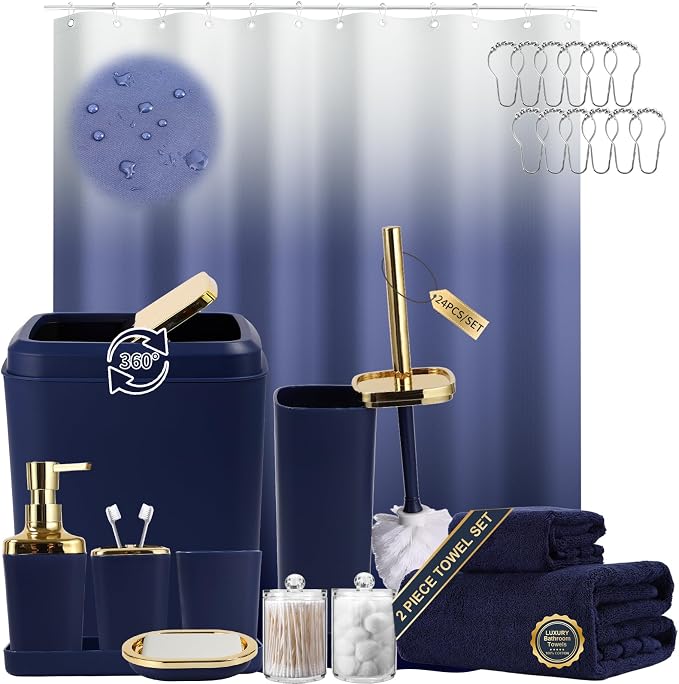 XLHOMO Navy Blue Bathroom Accessories, 24 Pieces Blue and Gold Bathroom Accessories Set with Shower Curtain, Bath Towels, Trash Can, Soap Dispenser and Soap Dish for Bathroom/Housewarming