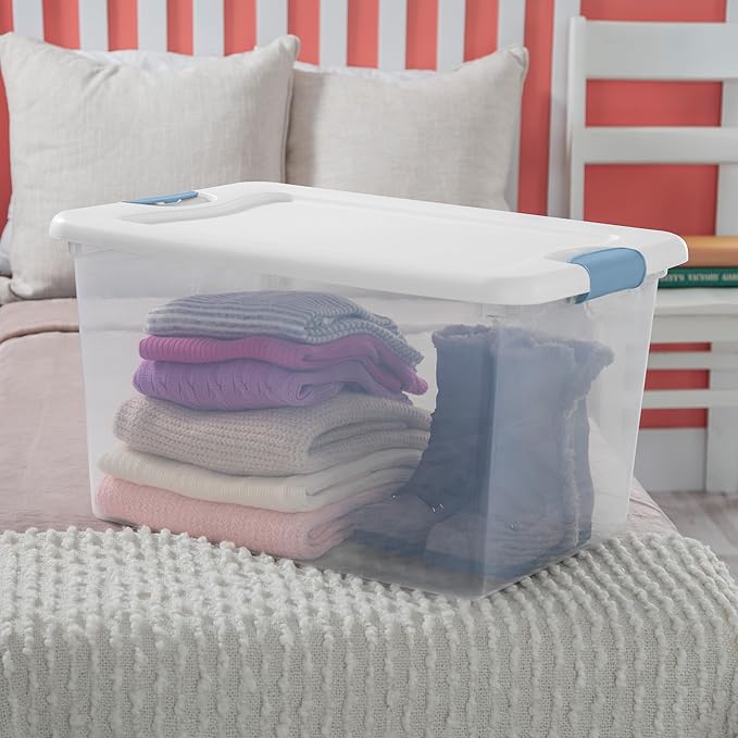 Sterilite 12-Pack Latching Box, Clear Plastic Under Bed Storage Bins with Lids, 64 Quart - Large Stackable Tote Organizer Containers for Closet, Bedroom, Bathroom, and Office Organization