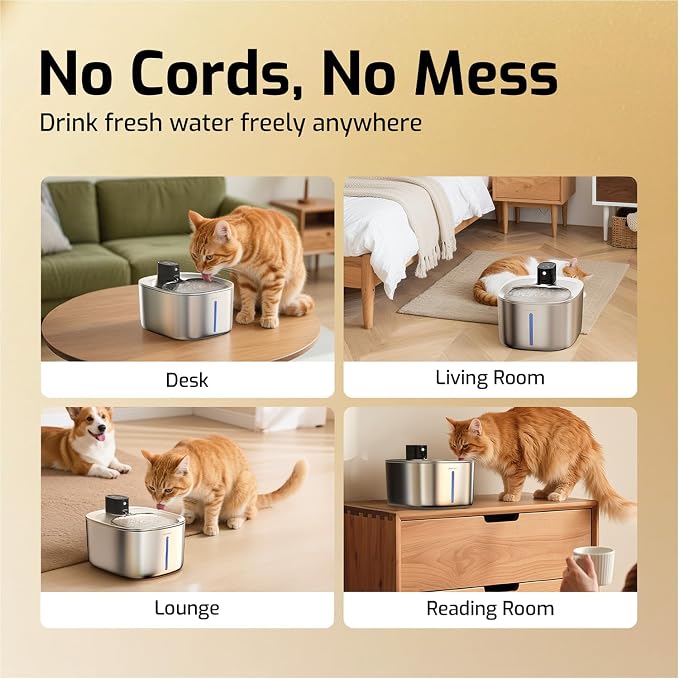 Cat Water Fountain Stainless Steel,152oz/4L Wireless Pet Fountain Battery Operated,Quiet Filtered Pet Water Fountain,Automatic Water Bowl for Cats Dogs with Motion Sensor 5 Filters