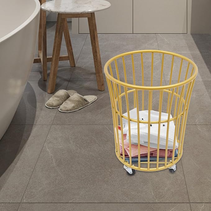 Rolling Laundry Basket with Wheels, Round Barrel Metal Mesh Laundry Hamper Dirty Clothes Basket, Versatile Portable Large Opening Storage Basket for Home, 14.2"×15.7" (Gold-Round Barrel)