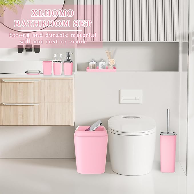 XLHOMO Bathroom Set, 9PC Bathroom Accessory Set, Pink Bathroom Accessories, Pink Bathroom Set, Trash Can, Soap Dispenser for Home Decor