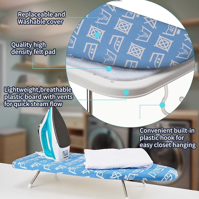 Tabletop Ironing Board 12"x29" – Portable Folding Ironing Board with Thick Felt Padding, Heat-Resistant Cover, Stainless Steel Legs, Compact & Space-Saving Design (Blue Runes)
