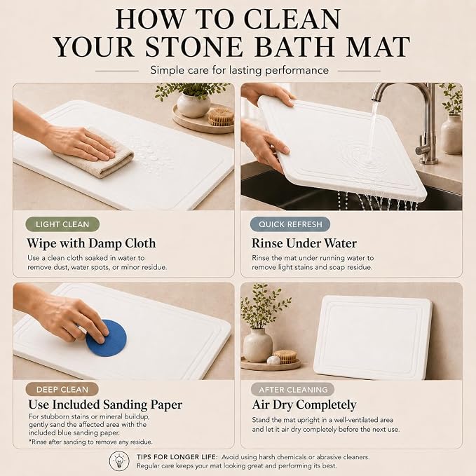 Stone Bath Mat – Diatomaceous Earth Quick Drying Non-Slip Bathroom Mat – Absorbent Diatomite Shower Mat, Durable & Easy to Clean, Modern, 23.6" x 15.3", (White - Linea)