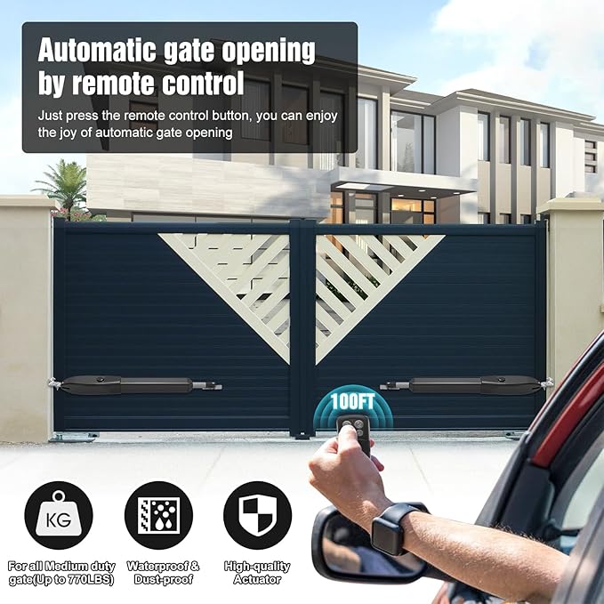 JUJIANG Automatic Gate Opener with Remote Complete Kit for Swing Gate Up to 770lb 16FT per Arm, Electric Gate Opener Medium Duty Dual Swing Gate Opener Automatic Gate Motor 60W AC Powered PKM-C026