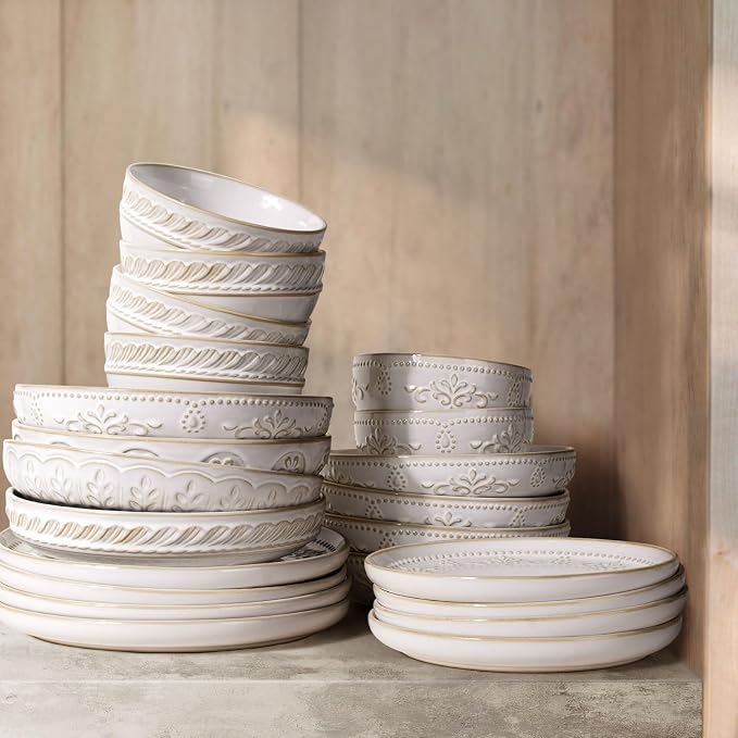 Artena Pasta Bowls, 50oz Large Salad Serving Bowls, 9.75'' Plates Bowls Set of 4, Big White Ceramic Soup Bowls for Kitchen, Embossment Shallow Dinner Bowl, Microwave Dishwasher Safe, Willow Leaf