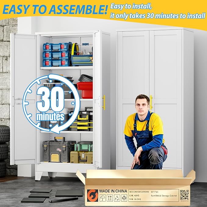 PAOFIN 61" Metal Storage Cabinet with 2 Doors and 3 Adjustable Shelves,White Metal Garage Storage Cabinets, File Cabinet,Steel Tool Cabinets for Home,Office,Garage,School,Warehouse