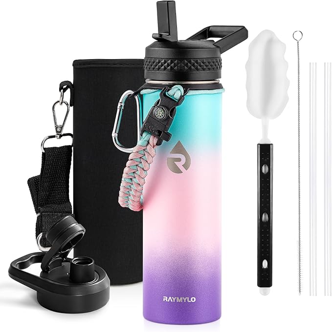 RAYMYLO Insulated Water Bottle 20 oz, Triple Wall Vacuum Stainless Steel (Cold for 24Hrs, Hot for 12Hrs), Leak Proof & Non-BPA, Modern Water Bottle Jug for School with Straw Spout Lids
