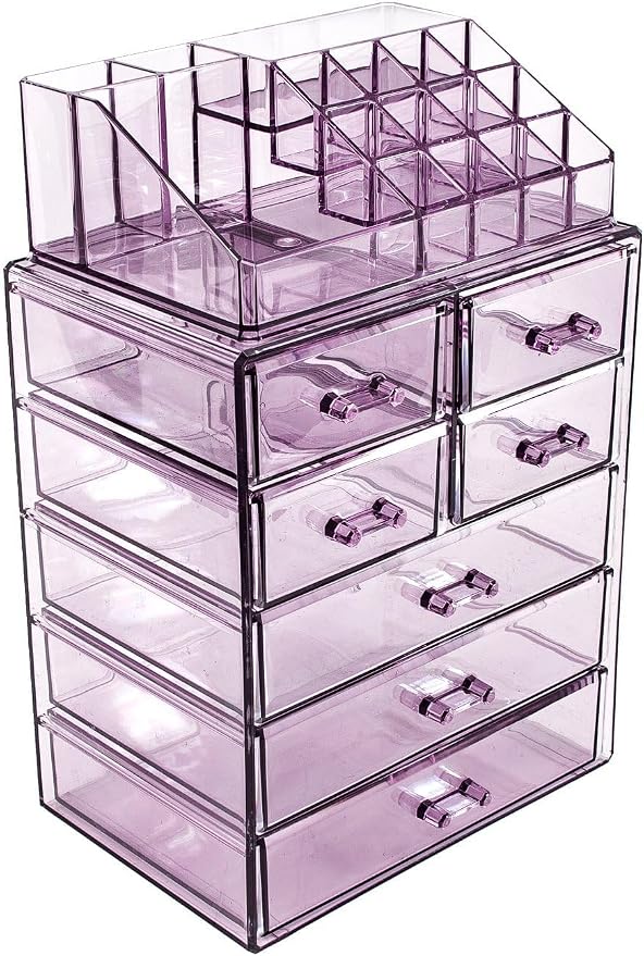 Sorbus Acrylic Makeup Organizer Set, 7-Drawer Vanity & Countertop Cosmetic Storage with Small & Wide Compartments, Purple Makeup Storage for Brushes, Jewelry – Holiday Gift for Women & Teens