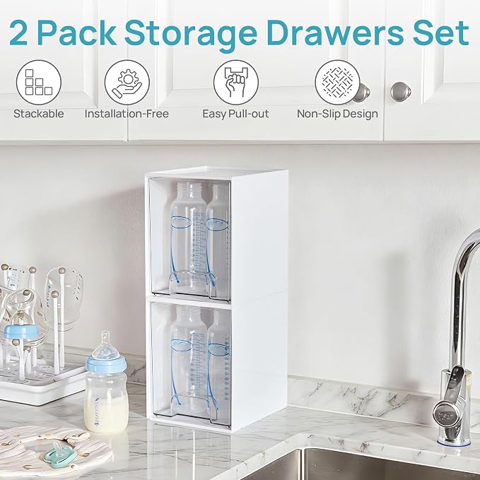 Vtopmart 2 Pack Stackable Storage Drawers, Plastic Organizers Bins for Baby Bottles, Skincare, Beauty Supplies, Ideal for Vanity, Bathroom, Kitchen Countertop, Cabinet Orga