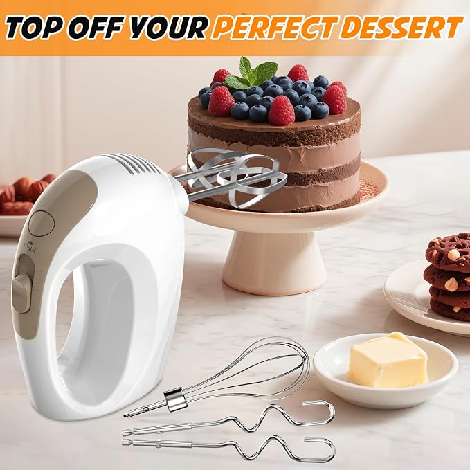 Handmixer Electric Handheld- 5 Speed Portable Kitchen Mixer Electric Handheld with 5 Stainless Steel Accessories Whisk, Food Beater, ‌Ivory