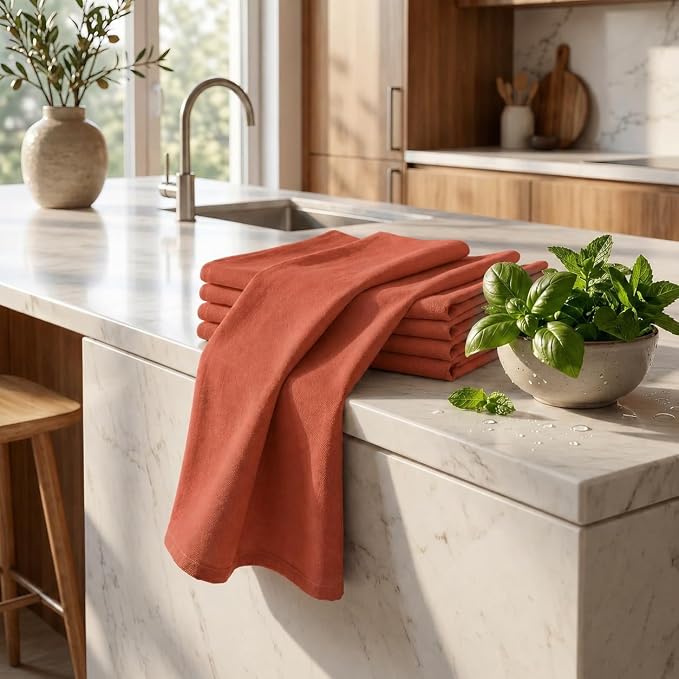 Urban Villa Kitchen Towels 100% Cotton Dish Towels for Kitchen(Set of 6) 20”x30” Dish Cloths Highly Absorbent Kitchen Linen Set with Hanging Loop Perfect for Drying Dishes Cleaning Hand Towels – Rust