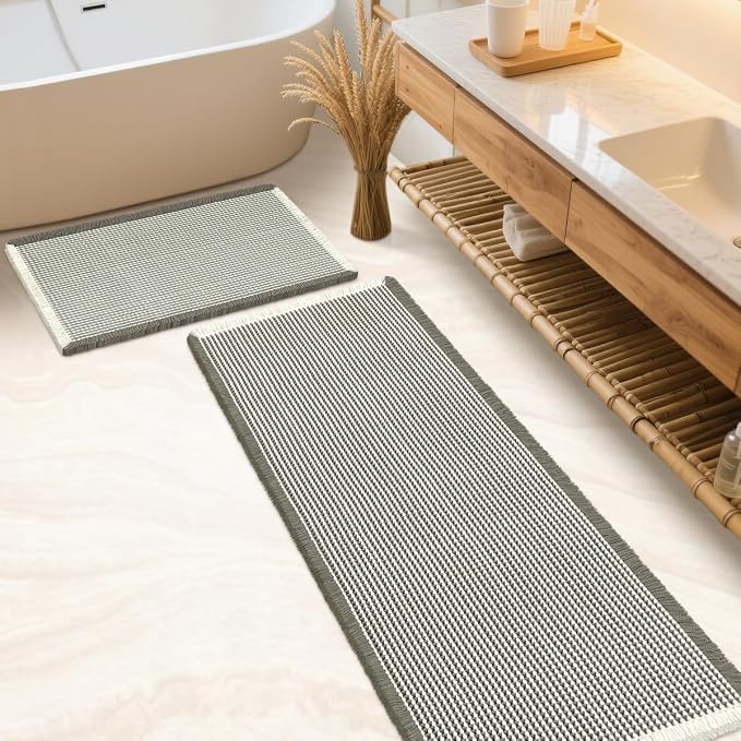 IM HOME Waffle Bath Mat Set 2 Piece Green & Cream,Woven Modern Bath Rug Mats, Absorbent Non Slip Bath Floor Mat, Soft Washable Boho Bath Rugs with Tassels for Bathroom, Bedroom, Kitchen,Tub