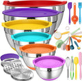 Umite Chef Thickened Heavy-Duty 26pcs Stainless Steel Bowl, Mixing Bowl Set with Lid, Grater Attachment, Colorful Non-Slip Bottom and Kitchen Gadget Set, Sizes 7, 4, 2.5, 2.0, 1.5, 1QT